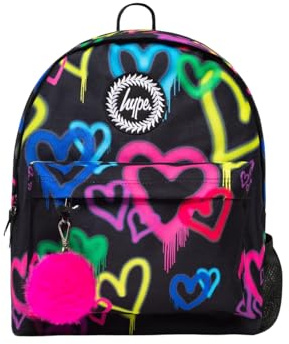 hype Unisex Backpack, Black with Neon Graffiti Style Hearts, School Bag for Kids, Comfortable Rucksack with Bottle Holder, 3 Storage Compartments, Padded, Adjustable Straps & Grab Handle