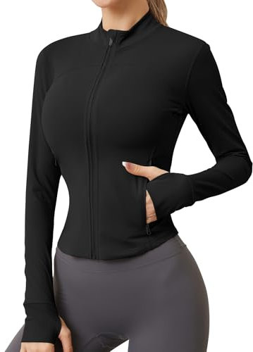 IECCP Sportjacke Damen Langarm Laufjacke Sport Oberteile Sportbekleidung für Damen Gym Yoga Trainingsjacke Dünne Jacke Fitness Outfit Shirt Top mit Daumenloch Schwarz M