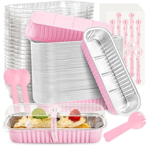 NPLUX 200ml Mini Loaf Cake Cases Mini Cake Tins with Lids Cupcake Cases for Baking Aluminum Foil Baking Pans(60 Pack, Pink)