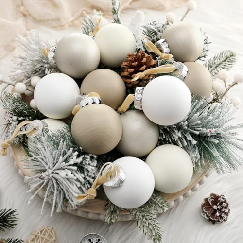 Suilung 12 Pcs Neutral Textured Christmas Ball Ornaments Cream Ivory White