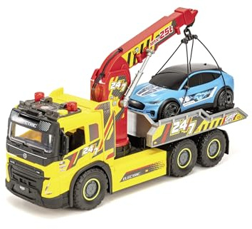 Dickie, Volvo FMX grúa con Coche Ford Mustang Mach-E 54 cm, Rueda Libre, Luces y Sonido, grúa basculante Manual, Zona de Carga, Licencia Volvo, 3 años (203749039)