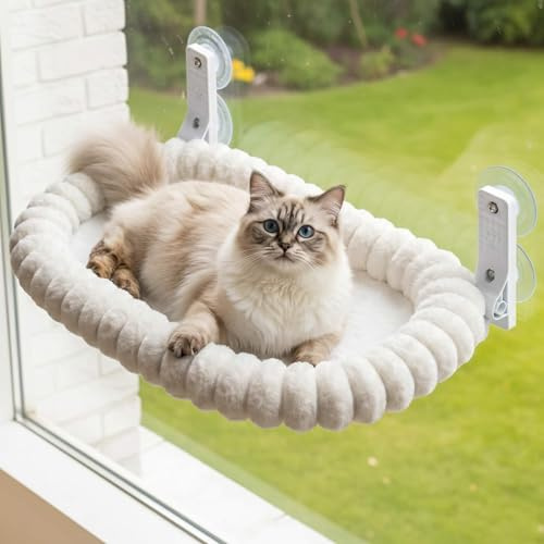CareCooo Kattbädd för fönster, vit M 52 x 30 cm, sugkoppar | 4 starka sugkoppar, upp till 18 kg, fällbar, avtagbar maskintvättbar kudde, mjuk fuskkaninpäls