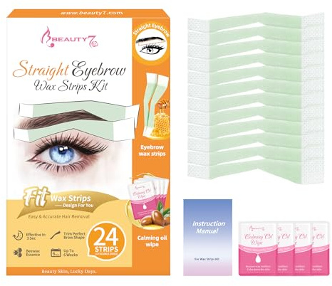 Beauty7 Strisce di cera per sopracciglia pretagliate per sopracciglia dritte, 24 strisce di cera per sopracciglia, con 4 pezzi di detergente per olio, senza dolore, strisce depilatorie per