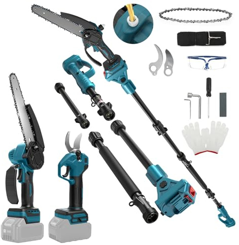 8 tums mini motorsåg med förlängningsstång och 30 mm elektrisk trädgårdssax, kompatibel med Makita 18V batteri, 4-i-1 trädgårdsredskapsset, maximal räckvidd upp till 4,57 m för trädgårdsarbete (utan