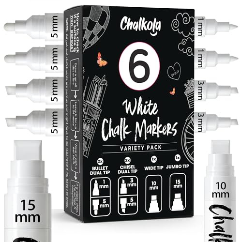 Chalkola 6 White Chalk Pens (1mm, 3mm, 5mm, 10mm, 15mm) for Blackboard | Bullet, Chisel Dual Tip & Jumbo - Erasable Liquid Chalk Pens for Car Window, Bistro, Glass - Washable Chalkboard Markers