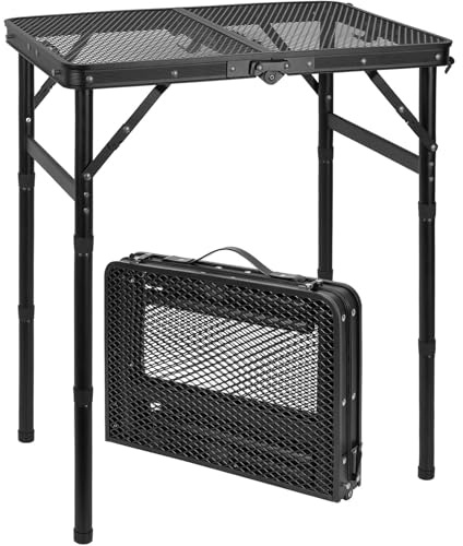 AKOZLIN Mesa plegable de 3 alturas ajustables, portátil, de metal, aluminio, mesa de picnic con escritorio de malla y mango portátil, mesa de camping ligera para picnic, barbacoa, color negro, 23