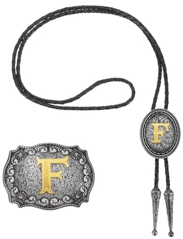 QUARKZMAN 2 Pz Set Cravatta Bolo E Fibbia Cintura Stile Grigio Nero/Oro | Western Lettera Iniziale F Dorata In Pelle Di Mucca, Per Uomo Donna Costume Accessori Vintage Tradizionali