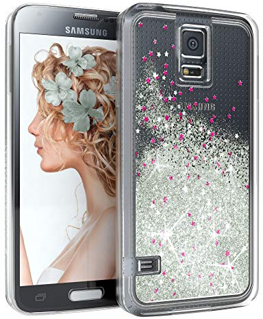 EAZY CASE Hülle kompatibel mit Samsung Galaxy S5/LTE+/Duos/Neo Schutzhülle mit Flüssig-Glitzer, Handyhülle, Schutzhülle, Back Cover mit Glitter Flüssigkeit, Silikon, Transparent/Durchsichtig, Silber