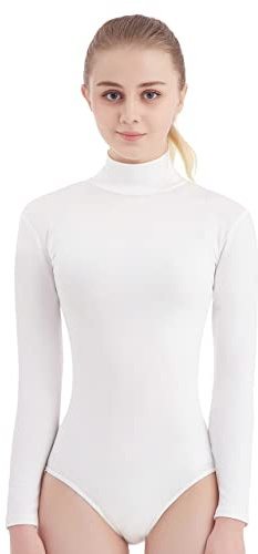 SUPRNOWA Langärmeliger Rollkragen-Body für Damen, Stehkragen, dehnbarer Gymnastikanzug, Overall mit Reißverschluss, für Tanz, Gymnastik, Cheerleading, Mode, weiß, XS