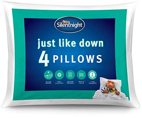 Silentnight Just Like Down Luxury Pillow - Filled with Hollowfibre Down-Like Feel - Extra Comfort & Warmth - Soft Medium Support for Head & Neck - Hypoallergenic & Machine Washable - 4 Pillows
