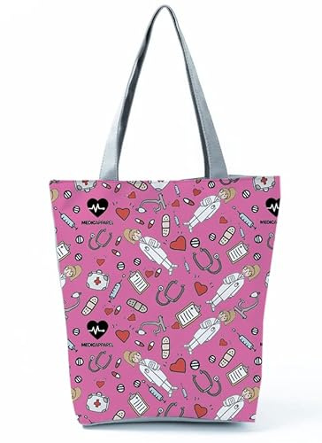 INN Bolso de enfermera de lona de algodón, bolsa de la compra, bolsa de tela, bolsa de algodón con estampado de dibujos para enfermería, trabajo diario, 42x34cm (pinknurse)