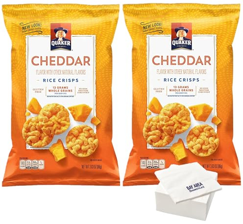 Tribeca, Quaker Rice Crisps, Cheddar Cheese, (3.03oz Bags, Pack of 2) with Bay Area Marketplace Napkins