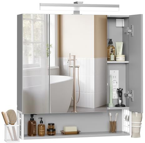 VASAGLE Badrumsskåp med LED, 16,5 x 70 x 75 cm, för handfat | Hängkorg, hårtorkställ, lugnande grå, DACEY BBK126G01V1 kollektion
