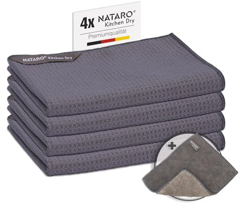 NATARO® 4 Stück Kitchen Dry Geschirrtücher – Premium Microfaser Abtrockentuch, streifenfreie und fusselfreie Waffeltücher für Ihre Küche anthrazit, 70x45 cm