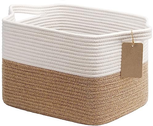 TIMEYARD Aufbewahrungskorb, Jute Korb, Aufbewahrungskorb Klein, Körbe Aufbewahrung, Organizer Körbe, Baumwolle Korb für Regal, Bad,Wohnzimmer, Kinderzimmer, Badzimmer, 34x28x24cm, Jute & Weiß