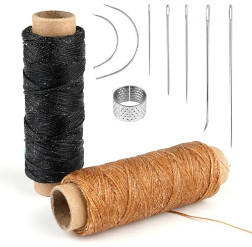 Ledergarn Ledernadel, 2 Rollen Sattlergarn Gewachst, Reißfest Wachsfaden 100m mit Sattlernadel und Fingerhut, Leder Faden für Lederhandwerk Buchbinden Nähen Reparieren Schmuck (Schwarz, Hellbraun)