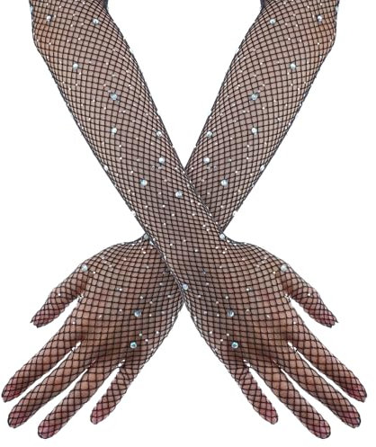 AHQiZFX Damen Lange Netzhandschuhe,Fischnetz Handschuhe Mit Strass,Netz Armstulpen Schwarz,Netz Mesh Handschuhe,Mode Opernhandschuhen,für 80er Kostüm Party Cosplay Hochzeit Abendparty Kostümzubehör