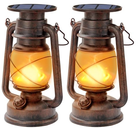 Hzitcigm Vintage Solarlaterne für Außen, 2 Stück Solar Laterne Hängende Retro LED Solarlampen Draußen Wasserdicht Sturmleuchte LED Outdoor Laternen mit Flammen Effekt Solarleuchte für Garten, Camping