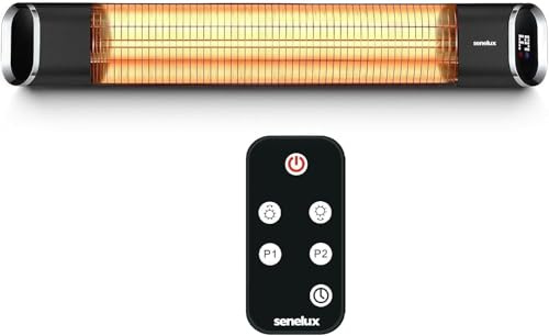 Senelux Electric Infrared Patio Heater Wall Mounted 2000W | IP65 Water-Resistant Heater for Indoor & Outdoor Use | Remote Control | Adjustable Timer & 9 Heat Levels | LED Display | Energy Efficient
