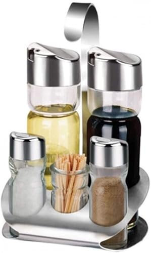 ZHZXBDGQ 5 Piece Cruet Sets for Salt Pepper Oil and Vinegar with Stand, Cruet Sets, Acrylic Spice Jars with Lids with Rack