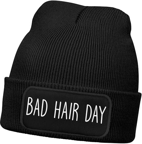 MoonWorks® Herren Beanie mit Patch Strickmütze mit Spruch Statement Lustig Bad Hair Day Mütze Männer Schwarz Unisize