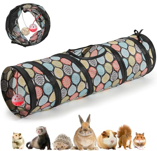 Pawaboo Small Pet Straight Tunnel, 23.6in Guinea Pig Tunnels and Hamster Tubes, Collapsible Small Animal Hideout with Interactive Bell and Balls, for Hamsters Guinea Pigs Rabbits Ferrets Chicks,Leaves