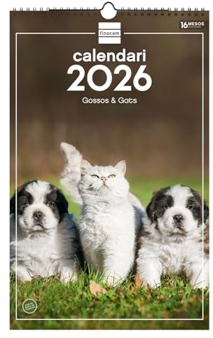 Finocam - Calendrier mural 2026 25 x 40 cm Mois vue Janvier - Décembre 2026 + Sep.- Déc. 2025 (4 mois) réduits | Calendrier 2026 | Images Chiens et Chats - Catalan