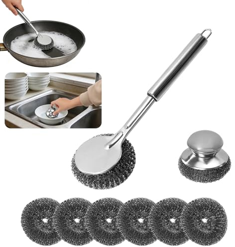 8 PCS Stainless Steel Scourer with Handle, Stainless Steel Scourer with 6 Replacement Wire Pads and Steel Wool Scrubber with Long Handle, Heavy Duty Metal Scrubber for Cleaning Pots Pans Grills Sink