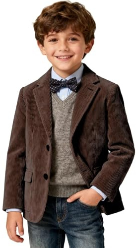 Generisch 2026 Giacca in velluto da ragazzo formale casual primavera giacca sportiva a tre bottoni, marrone, 11-12 Anni