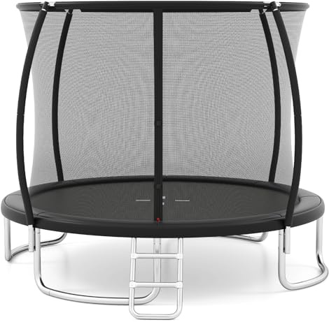Goplus 12FT 10FT 8FT Outdoor Trampoline, ASTM Approved Heavy-Duty Recreational Kids Trampoline w/Safety Enclosure Net, Ladder and Anti-Rust Galvanized Steel Frame, Gift for Kids Adults (8FT,Black)