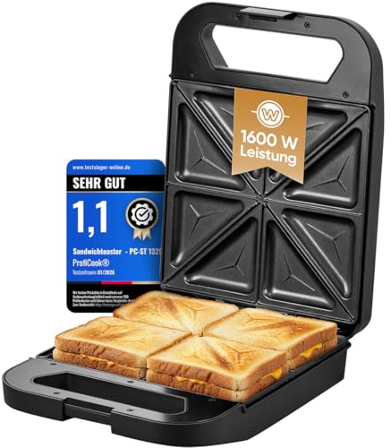 ProfiCook smörgåsbrödrost för 4 smörgåsar samtidigt | Non-stick plattor | Bränn inte | 1600 W | Statusindikator | Smörgåsbrödrost | PC ST 1329