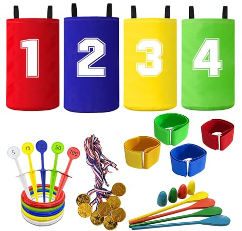 JYQOQH Juegos Exterior Niños, 4 en 1 Sports Day Kit, Juegos de Carreras de Sacos, Juego de Juegos al Aire Libre con Medalla, Sacos, Carreras de Tres Patas, Carrera de Huevos, para Interior y Exterior