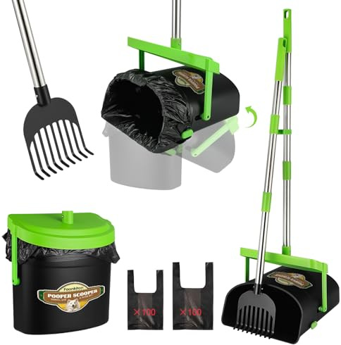 Faankiton Recoge Cacas de Perros, Recogedor de Excrementos Giratorio y Rastrillo Recogedor de Caca para Perros con Rastrillo Recogedor de Excrementos Perro con Mango 85cm y 200 Bolsas (Verde Pálido)