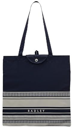 Radley London Womens Stripe Responsible Foldaway Shopper Tote Shoulder Bag in Ink Navy Blue & Cream
