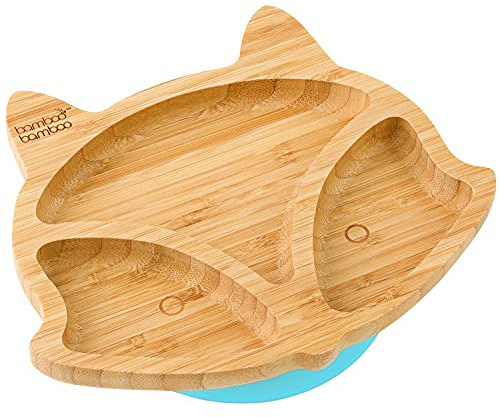 bamboo bamboo Baby and Toddler Plate for Feeding and Weaning, Bamboo Fox Plate with Secure Suction, Suction Plates for Babies from 6 Months (Fox, Blue)