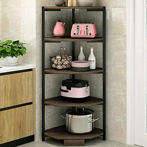 BAKAJI Scaffale Angolare 5 Ripiani Struttura in Metallo Piani in Legno Libreria Scaffalatura ad Angolo Multiuso Mobiletto Cucina Bagno Dimensione 40 x 40 x 120 cm design Moderno industriale (Nero)