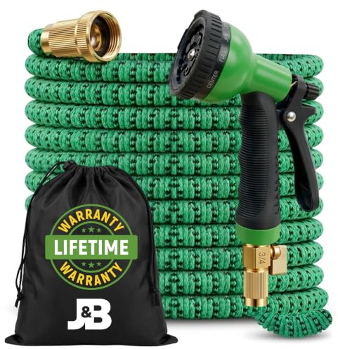 J&B XpandaHose - Manguera de jardín expandible de 50 pies con soporte, resistencia superior 3750D, núcleo de látex de 4 capas, conectores de latón extra fuertes y 10 boquillas de pulverización con