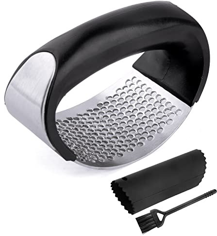 Garlic Press Garlic Crusher Kitchen Garlic Rocker 304 Food Grade Stainless Steel Ginger Crusher with Cleaning Brush & Silicone Garlic Peeler