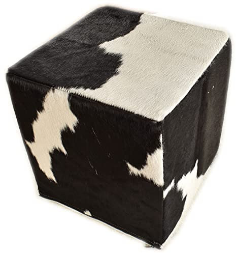 Generisch Kuhfell Hocker schwarz Weiss 40x40x40 cm Sitzwürfel aus echtem Kuhfell Fußhocker in schwarz weiß mit Fester Schaumstoff Würfel