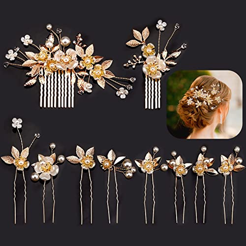10 Pcs Bridal Hair Accessories for Women, Gold Hair Accessories with Bridal Hair Comb U-shaped Hair Clips, Pearl Vintage Wedding Hair Accessories Sets for Bride,Bridesmaid,Women,Girls (Golden Leaf)