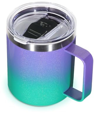 Volhoply 14oz Insulated Stainless Steel Coffee Mug with Leakproof Lid,Double Wall Vacuum Travel Coffee Cup with Handle,Reusable Metal Tumbler,Camping Mugs Keep Hot,Christmas Gifts(Purple Green,1)