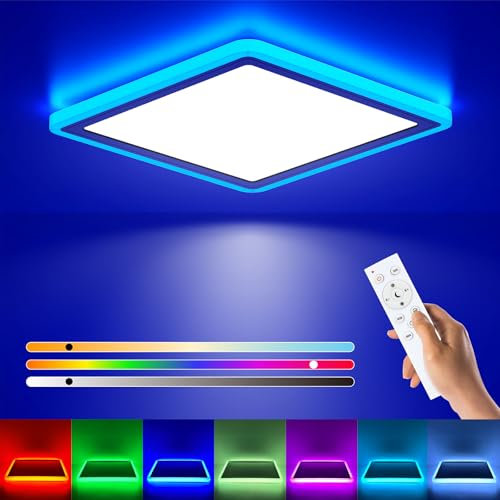 Matane LED Deckenleuchte RGB Dimmbar, 24W Deckenlampe mit Fernbedienung, Panel Decke Farbige 3000K-6500K für Wohnzimmer Schlafzimmer Kinderzimmer Küche Badezimmer Esszimmer, Ultradünn Flach Eckig 32cm