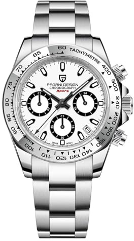 Pagani Design Herrenuhr Saphirglas Chronograph Edelstahl Wasserdicht Leuchtende Uhr Japanisches Uhrwerk Herren Quarzuhr Uhr für Männer（Stahlband weiß (weiß)）