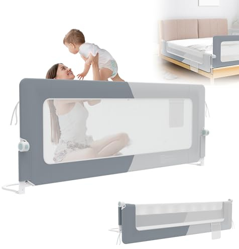 XMTECH 1 st sänggaller, 200 cm, sängskydd, barnsäng för barn, fallskydd för säng, babygaller, vikbar, bärbar, sänggaller för småbarn, 18 månader – 5 år, mörkgrå + ljusgrå