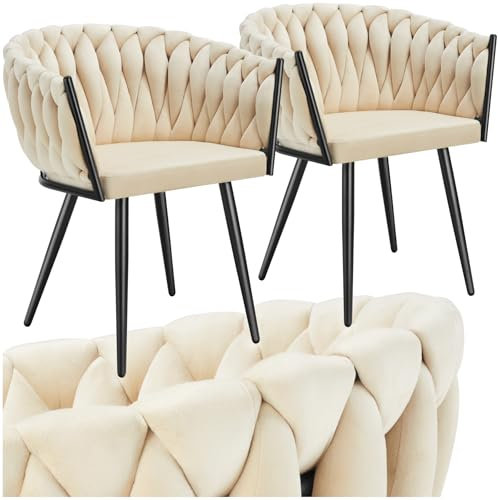 tectake® Samt Stuhl, Schalenstuhl mit Armlehne in Knoten Optik, Esszimmerstühle, Sessel modern für Wohnzimmer, Esszimmer, als Küchenstühle, für Schminktisch, Dining Chair Set - Sand, 2er Set