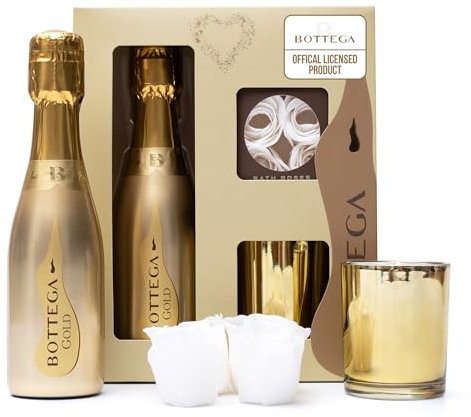 Bottega Gold Prosecco Gift Set - Bottega Gold DOC 200ml, Scented Candle & Luxury Bath Roses, Pamper Gifts For Women - Alcohol Gift Sets for Ladies, New Mum Gifts, Presents, Birthday, Christmas