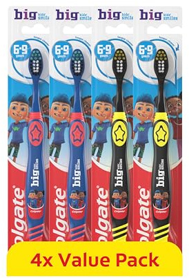 Colgate Kids Toothbrush 6-9 Years, 4 Pack/with Multi-Height Soft Bristles, Tongue Cleaner, and a Fun Suction Cup for Easy Storage