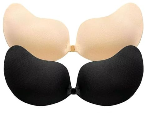 AWXUOCK Invisible Strapless Bras Reusable Stick On Bra Skin-Friendly Sticky Push Up Adhesive Bra for Party, Bar, Wedding, Beach, Backless for Women (UK, Cup & Band, B, Black+Beige)