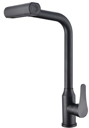 WLTEDRGO Waterfall Matte Black Kitchen Tap, 360° Swivel Kitchen Sink Taps with Pull Out Spray, Stainless Steel Mixer Tap with 4 Functions, 1 Hole Single Lever Sink Taps, High Pressure Faucet