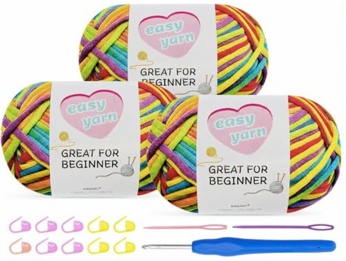 Nissary Wolle zum Häkeln 3x100g,Dicke Baumwolle Häkelgarn mit 4mm Haken,Schlauchgarn Häkelwolle Starter-Set für Anfänger, Amigurumi-Projekte